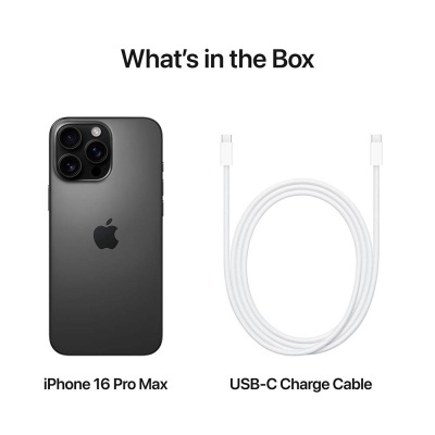 iPhone 16 Pro Max preto e cabo de carregamento USB-C branco mostrados em fundo branco