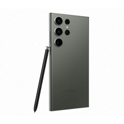 Smartphone Samsung verde escuro com quatro câmaras traseiras e caneta preta