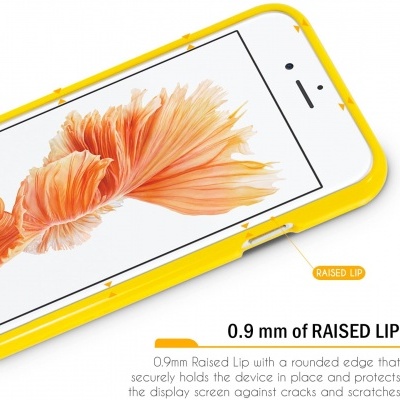 Smartphone branco com capa amarela e borda levantada para proteção do ecrã