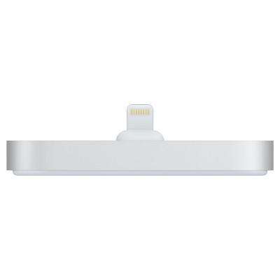 Carregador dock branco com conector Lightning e estrutura prateada