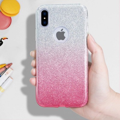 Capa de smartphone glitter prateado e rosa com recorte do logótipo da Apple