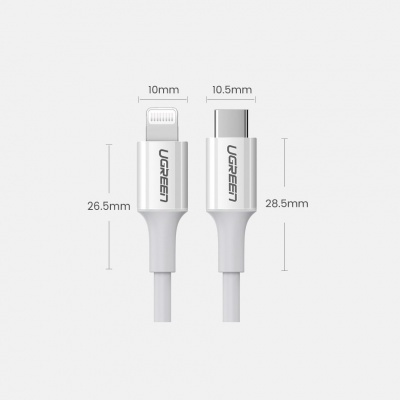 Cabo USB-C para Lightning branco com marca UGREEN e medidas dos conectores.