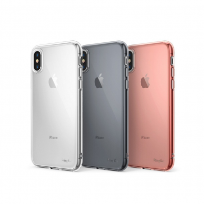 Três capas de iPhone em transparente, preto fosco e rosa metálico