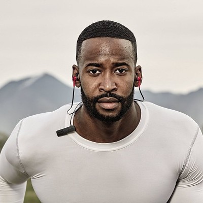 Homem com auriculares vermelhos a usar camisa branca em ambiente exterior com montanhas ao fundo