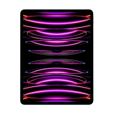 Tablet com ecrã colorido e padrão abstrato em tons roxos e laranja