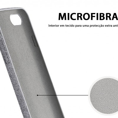 Capa protetora para smartphone cinza com microfibra e texto em português