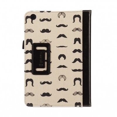 Capa para tablet bege com bigodes pretos e fecho preto
