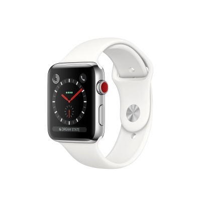 Relógio inteligente Apple Watch com caixa prateada e pulseira branca