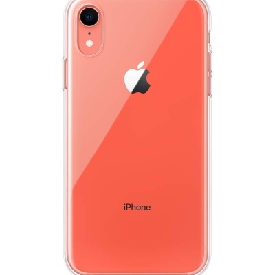iPhone coral com capa transparente e logótipo Apple visível