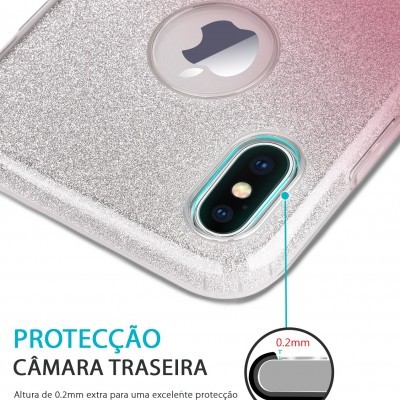 Capa de telemóvel transparente com glitter prateado e proteção para câmara traseira