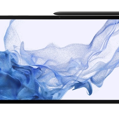 Tablet com ecrã azul e caneta digital preta