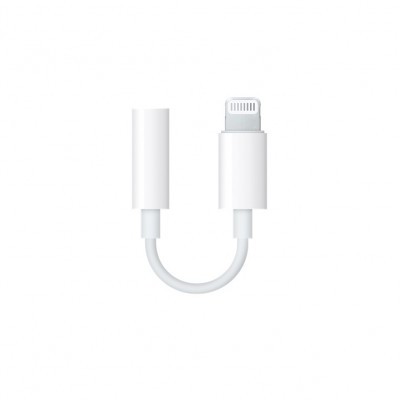 Adaptador branco Lightning para áudio jack 3.5mm num fundo branco