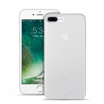 Smartphone iPhone branco com capa transparente a mostrar ecrã e traseira.