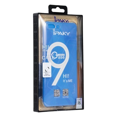 Capa azul IPAKY para telemóvel em embalagem transparente com texto e código QR