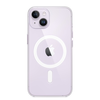 Smartphone lilás com capa transparente e logótipo da Apple visível