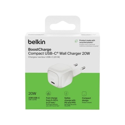 Carregador de parede Belkin BoostCharge USB-C 20W e sua embalagem