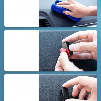 Limpeza e fixação de suporte adesivo preto no painel de carro cinza escuro