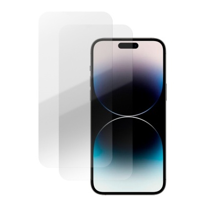 Smartphone preto com ecrã ligado e duas películas protetoras transparentes