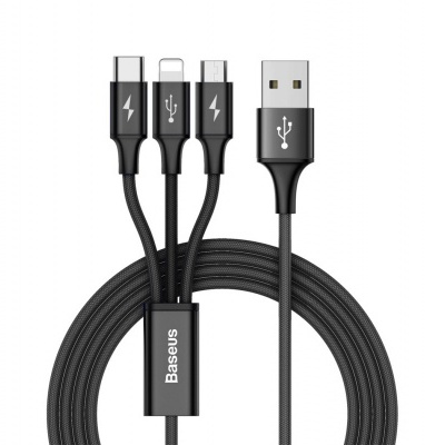 Cabo USB preto com conectores USB-C, Lightning e Micro-USB