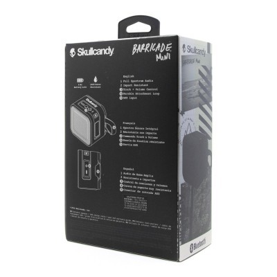 Embalagem preta de altifalante portátil Skullcandy BARRICADE MINI com texto e imagens do produto