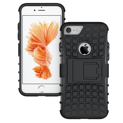 Capa preta com textura e suporte para iPhone branco