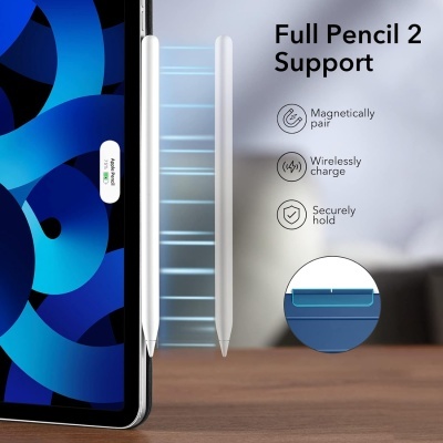 Tablet com caneta digital prateada presa magneticamente e texto explicativo sobre suporte para Pencil 2