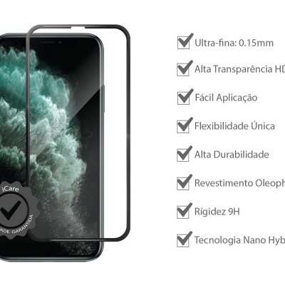 Protetor de ecrã para smartphone com lista de características em português