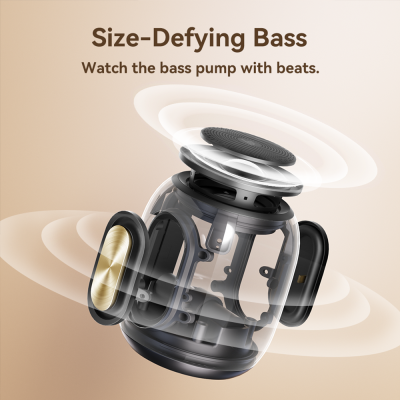 Coluna de som transparente a mostrar componentes internos e difusores laterais