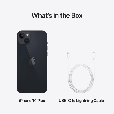 iPhone 14 Plus preto com cabo USB-C para Lightning sobre fundo branco