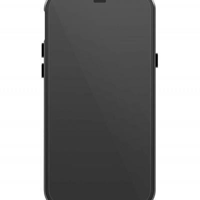 Telemóvel preto com ecrã desligado em fundo branco