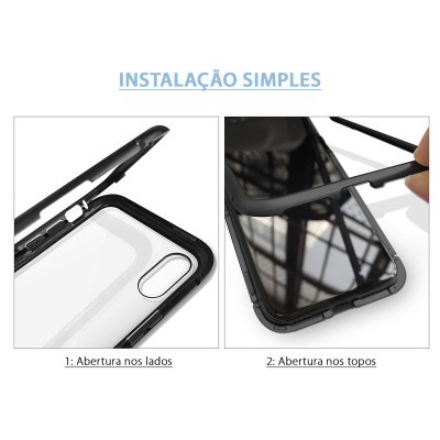 Capa de telemóvel transparente com bordas pretas e instruções de instalação