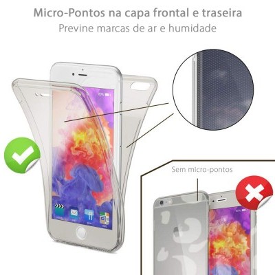 Capa transparente para smartphone com micro-pontos, mostrando prevenção de marcas de ar e humidade