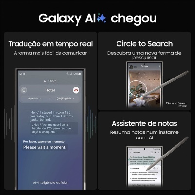Promoção Galaxy AI com smartphone e caneta digital exibindo funcionalidades em fundo preto