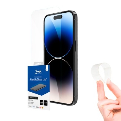 Smartphone com protetor de ecrã FlexiGlass Lite e ferramenta de aplicação branca