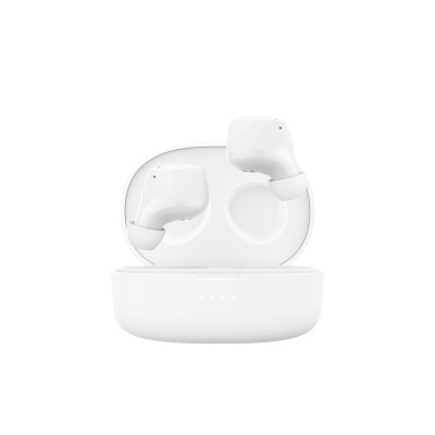 Auriculares wireless brancos com caixa de carregamento aberta