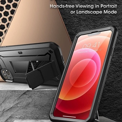 Capa preta para smartphone com suporte integrado e texto de funcionalidade