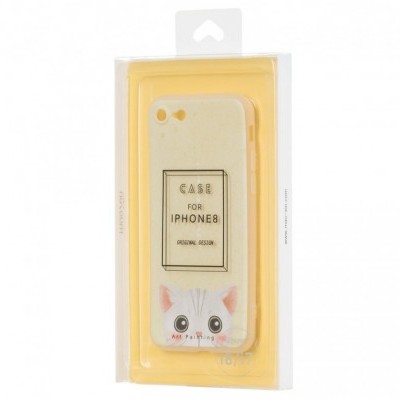 Capa creme para iPhone 8 com desenho de gato embalada em blister amarelo