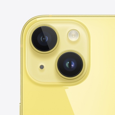 Detalhe de telemóvel amarelo com duas câmaras traseiras e flash
