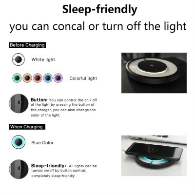 Carregador sem fios redondo preto com luzes coloridas e instruções sobre controlo de luz