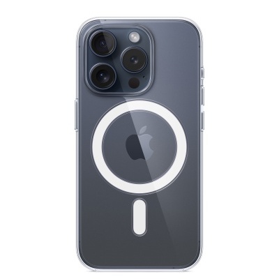 Smartphone preto com capa transparente e círculo branco MagSafe