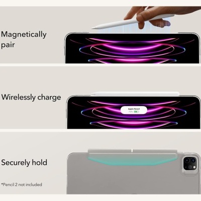 Tablet com caneta digital branca a carregar magneticamente na parte superior