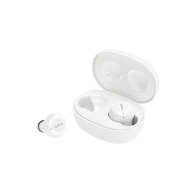 Auriculares verdadeiramente sem fios Belkin brancos com estojo de carregamento aberto