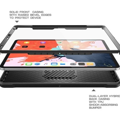 Capa protetora preta para tablet, vista em camadas, com texto técnico sobre as características do produto.