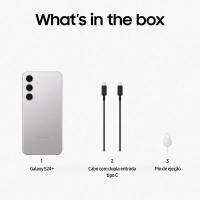 Conteúdo da caixa com Galaxy S24+, dois cabos tipo C e pin de ejeção