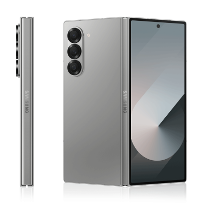 Smartphone prateado visto frontal, traseira e lateral com três câmaras e marca Samsung