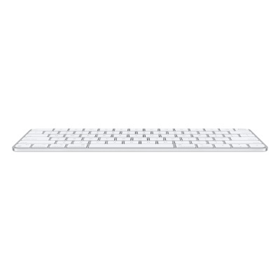teclado compacto branco com estrutura metálica prateada