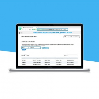 Computador portátil com website de acessórios licenciados MFi abertos na tela