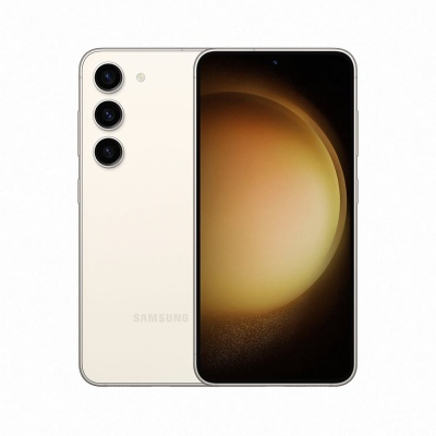 Smartphone Samsung branco com três câmaras traseiras e ecrã frontal grande