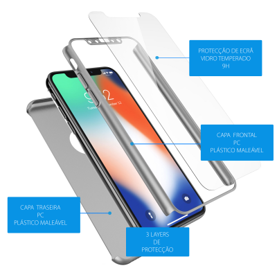 Capa protetora transparente para smartphone com vidro temperado e três camadas de proteção