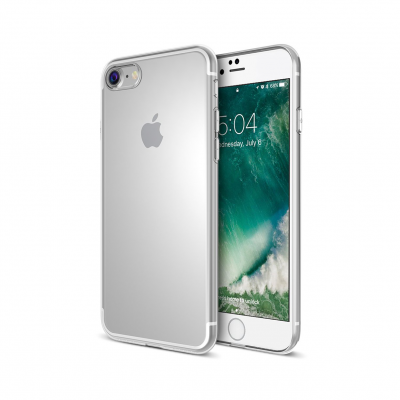 Smartphone Apple iPhone com capa protetora transparente e ecrã com fundo de ondas verdes e brancas